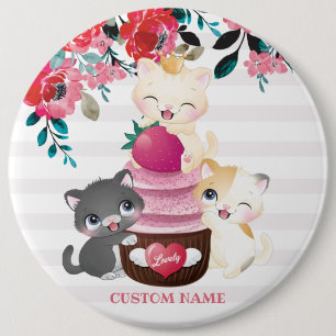 Launige Blumen-Cartoon-Katzen-Erdbeer-Cupcake Button