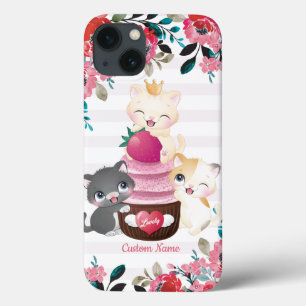 Launige Blumen-Cartoon-Katzen-Erdbeer-Cupcake Case-Mate iPhone Hülle