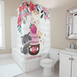 Launige Blumen-Cartoon-Katzen-Erdbeer-Cupcake Duschvorhang