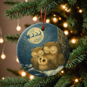 Launige Eulenfamilie Weihnachtsabend Kleines Eulen Keramik Ornament