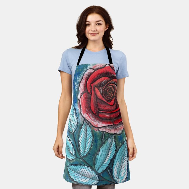 Launige expressionistische rote Rose Teal-Blätter  Schürze (Getragen)
