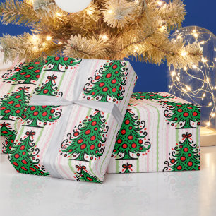 Launige grüne Weihnachtsbäume Pastellstreifen Geschenkpapier
