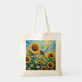 Launige Retro-Sonnenblume und Libelle Tragetasche