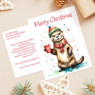 Launige Wasserfarbe-Otter-Familien-Weihnachten Feiertagspostkarte