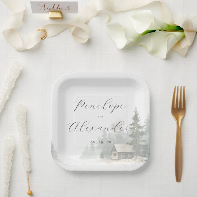 Launige Winter-Wasserfarben-Hüttenszene Pappteller (Hochzeit)