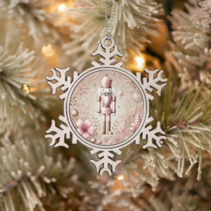 Launiger Eleganter Rosa & Gold Pastell-Nussknacker Schneeflocken Zinn-Ornament