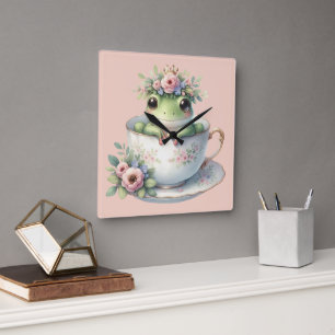 Launiger Frosch in floraler Teetasse Quadratische Wanduhr