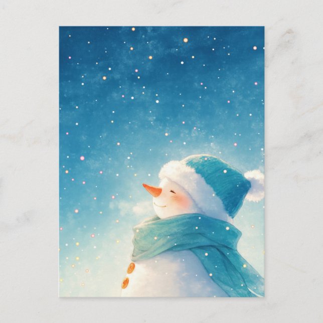 Launiger lächelnder Schneemann unter sternklarem H Postkarte (Vorderseite)