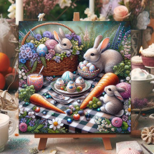 Launiger Oster-Picknick-Hase Rosa Lila Blumen Feiertagskarte