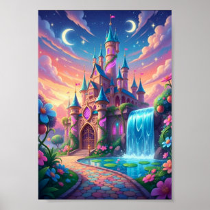 Launiger Pastell-Zwillingmond-Schloss-Wasserfall-P Poster
