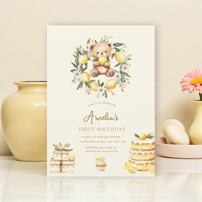 Launiger Teddybär-Limonen-Erstgeburtstag Einladung (Von Creator hochgeladen)