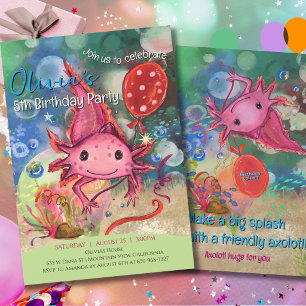 Launiger Wasserfarben-Rosa-Axolotl-Süße-Kinder Einladung