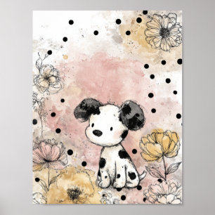 Launiger Welpen-Blumen-Aquarell-Kunst (2) Poster