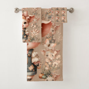 Launiges Ferkel in pastellfarbenen Overalls Braun Badhandtuch Set