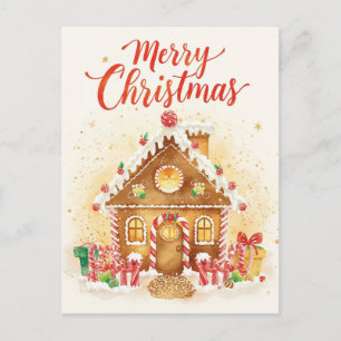 Launiges Wasserfarben-Gingerbread-Haus Feiertagspostkarte
