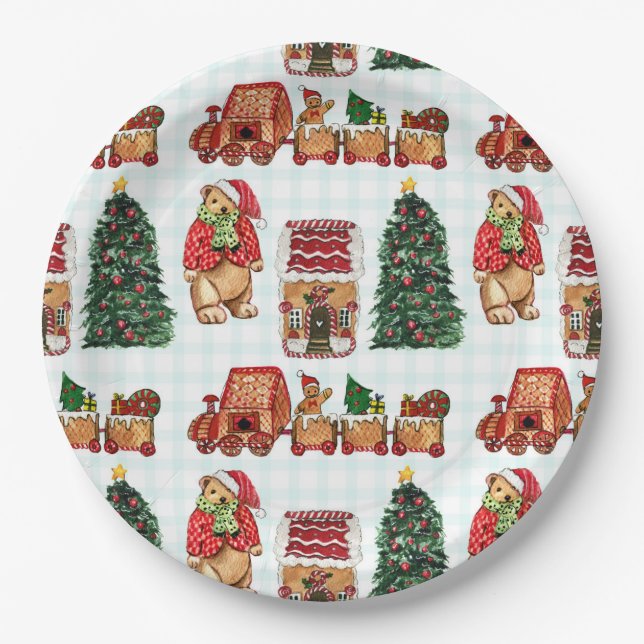 Launiges Weihnachtsmuster mit Bären, Bäumen und Pappteller (Vorderseite)