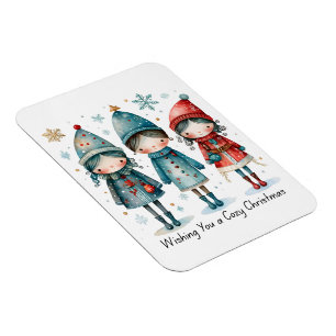 Launiges Winter-Trio - 3 Kinder in blauen und rote Magnet