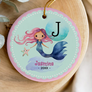 Launische aqua blaue Meerjungfrau Weihnachts Erinn Keramik Ornament