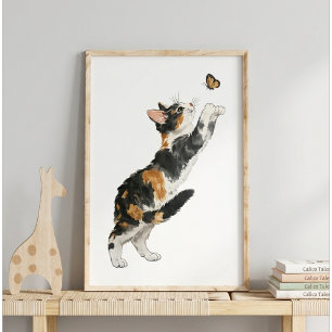 Launische Calico-Katze und Schmetterling Wasserfar Poster