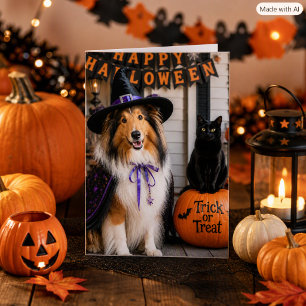 Launische Collie-Hexe & Katzentrick-or-Treat-Faltk Karte