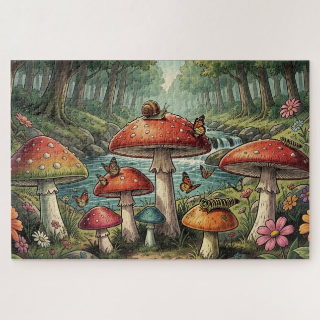 Launische Cottagecore-Pilze-Waldszene Puzzle (Horizontal)