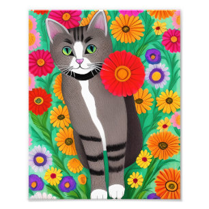 Launische graue und weiße Katzen und rote Blume Fotodruck
