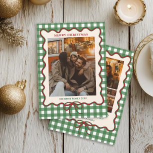 Launische grüne Gingham-Familienfoto-Weihnachten Feiertagskarte