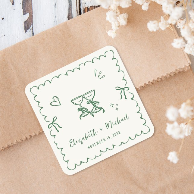 Launische grüne wellige Rahmenehe Quadratischer Aufkleber (Whimsical Green Wavy Frame Cream Wedding Square Sticker)