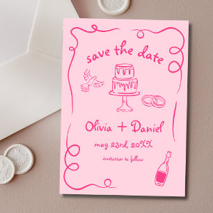 Launische handgezeichnete rosa skurrile Hochzeit F Save The Date
