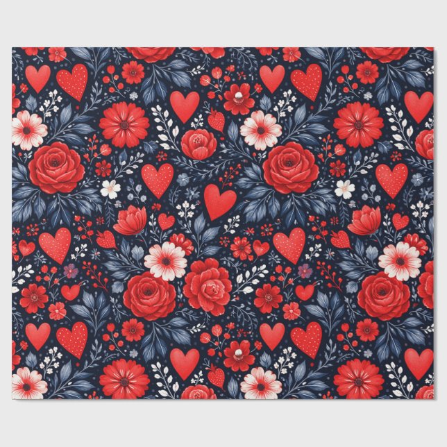 Launische Herzen und Blumen Geschenkpapier (Flach)
