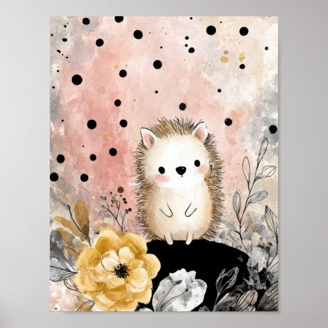 Launische Igel-Blumen-Aquarell-Kunst Poster (Vorne)