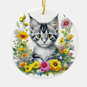 Launische Katze und Blumen Personalisiertes Weihna Keramik Ornament