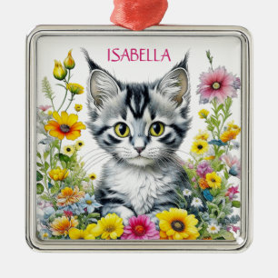 Launische Katze und Blumen Personalisiertes Weihna Ornament Aus Metall