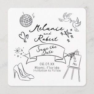Launische Kritzeleien Schwarz Weiß Save-the-Date Einladung