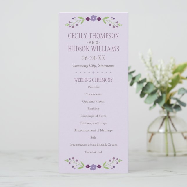 Launische Lavendel-Volk-Blumen-Hochzeit Programm (Stehend Vorderseite)