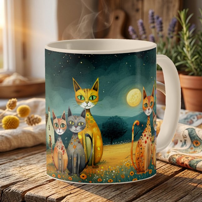 Launische Mitternachtsgarten-Volkskunstkatzen Kaffeetasse (Artistic magical midnight mug featuring a fine art design with cute stylized cats)