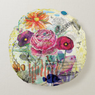 Launische Mixed-Media-Collage-Kunst Rundes Kissen