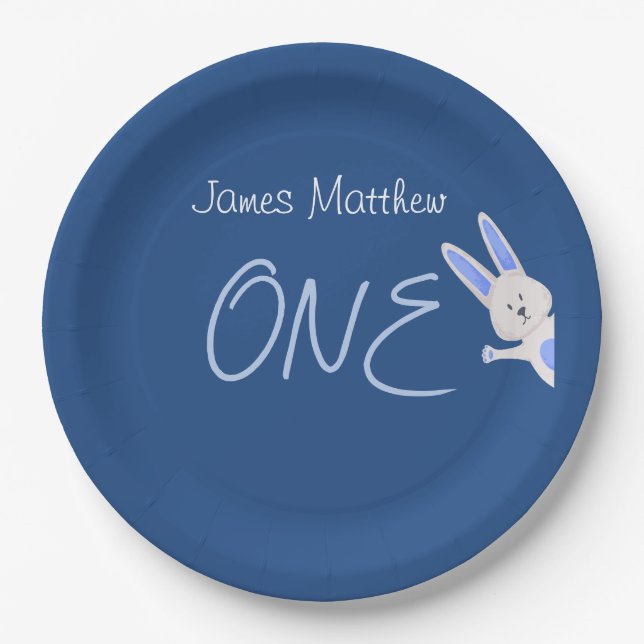 Launische moderne blaue Hase 1. Geburtstag Pappteller (Vorderseite)