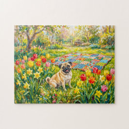 Launische Mops-Hund-Illustration im Frühlingsgarte Puzzle