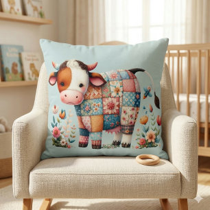 Launische Patchwork-Kuh mit floralen Akzenten Kissen