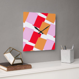 Launische Quadrate Rot Orange Pink  Quadratische Wanduhr