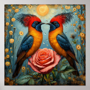 Launische romantische Vögel über rosa Rose Poster