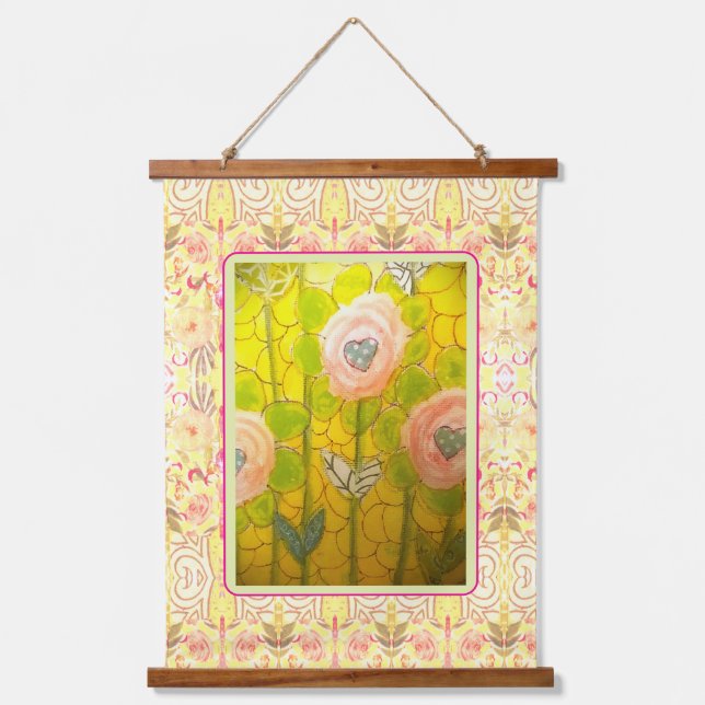 Launische rosa Blumen -  Wandteppich Mit Holzrahmen (Vorderseite)