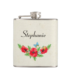 Launische rote Mohnblume im Vintage-Wasserfarbenst Flachmann