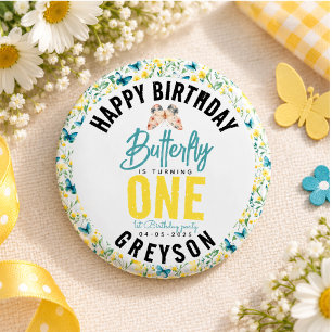 Launische Schmetterlings-Blumen zum 1. Geburtstag Button