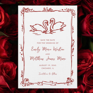 Launische Schwäne Doodle Liebesvögel Rote Hochzeit Save The Date
