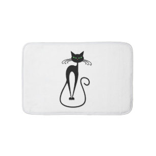 Launische schwarze Katze durchbohrt grüne Augen Badematte