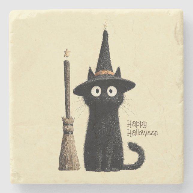 Launische schwarze Katze Frohes Halloween Steinuntersetzer (Vorderseite)