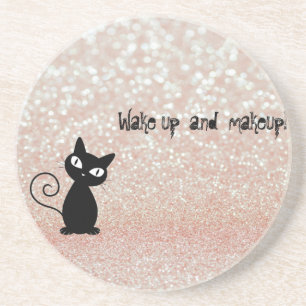 Launische schwarze Katze Glittery-Wach auf und sch Sandstein Untersetzer