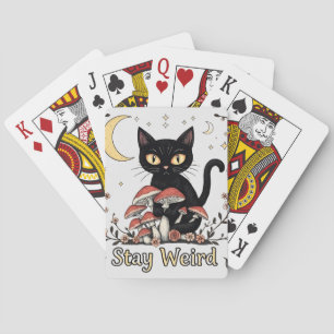 Launische schwarze Katze, umrahmt von roten Pilzen Spielkarten